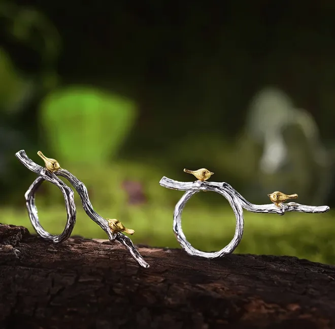 Birds on Branch Ring Sterling Silver