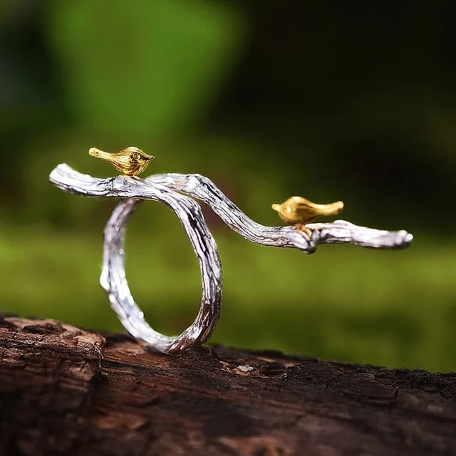 Birds on Branch Ring Sterling Silver