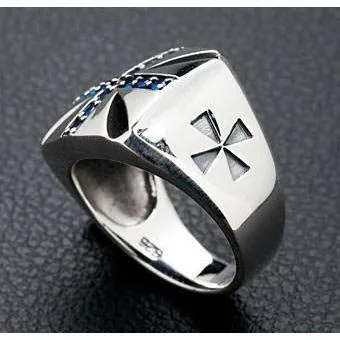 Blue Sapphire Cross Silver Biker Rings