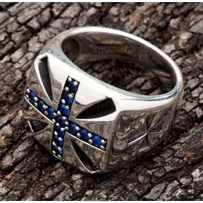 Blue Sapphire Cross Silver Biker Rings