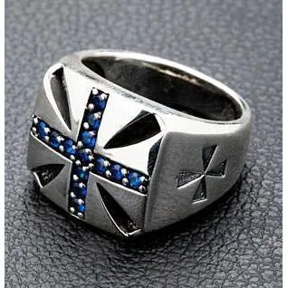 Blue Sapphire Cross Silver Biker Rings