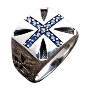 Blue Sapphire Cross Silver Biker Rings