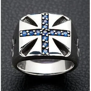 Blue Sapphire Cross Silver Biker Rings