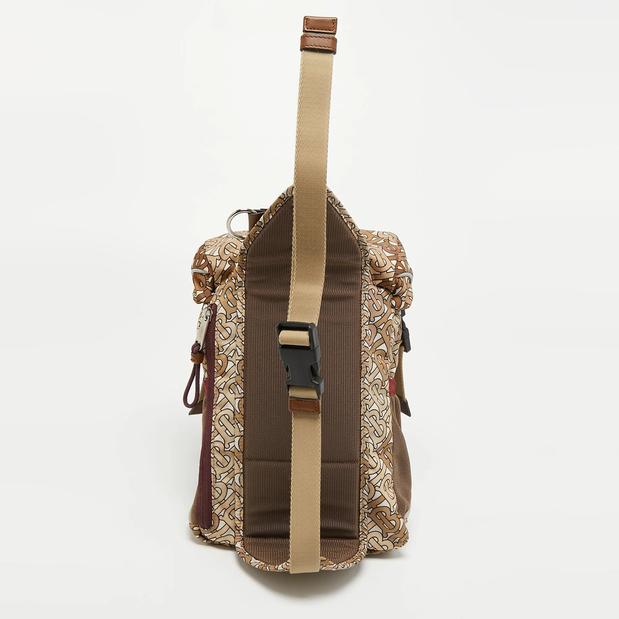 BURBERRY Brown TB Monogram Nylon and Mesh Leo Sling Bag