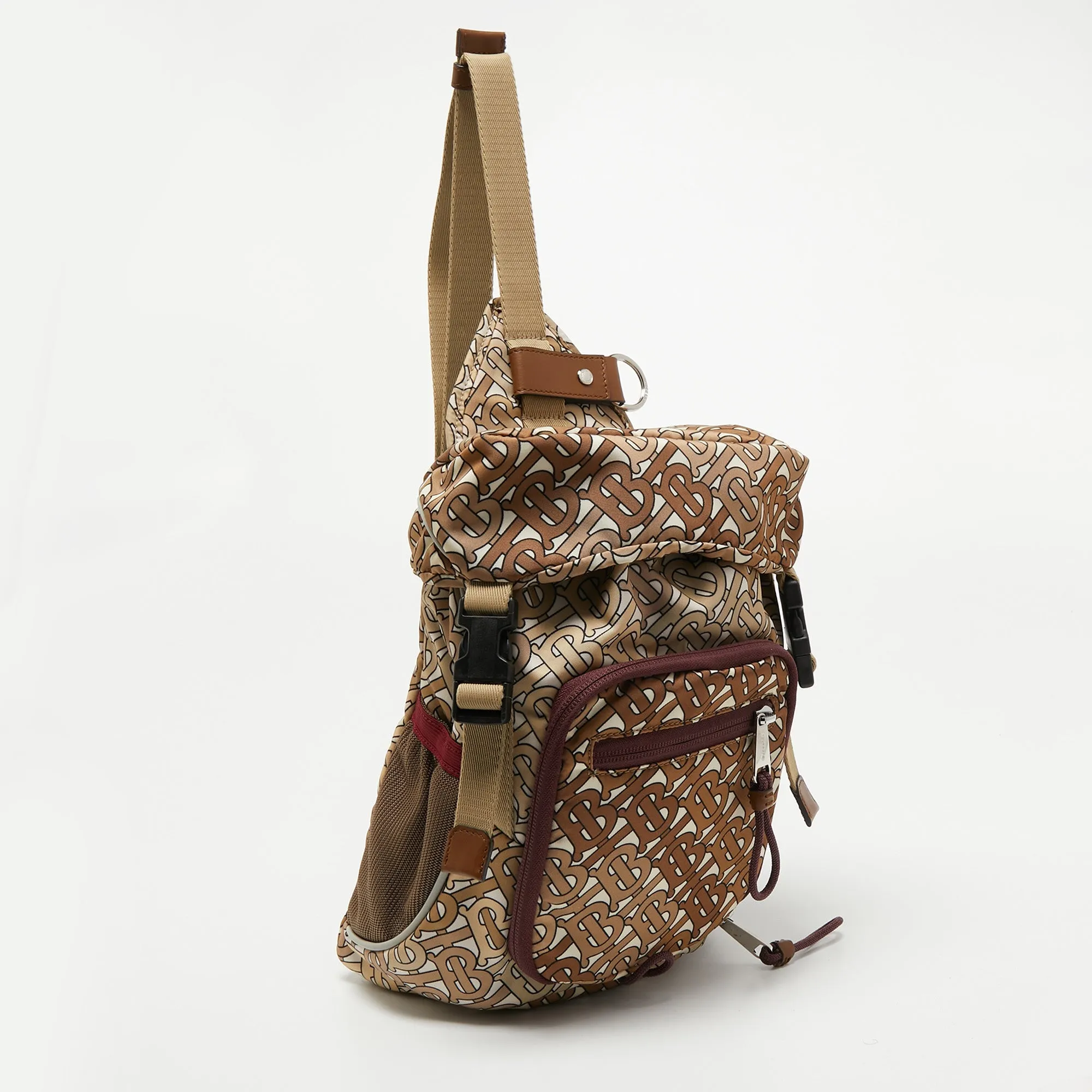 BURBERRY Brown TB Monogram Nylon and Mesh Leo Sling Bag