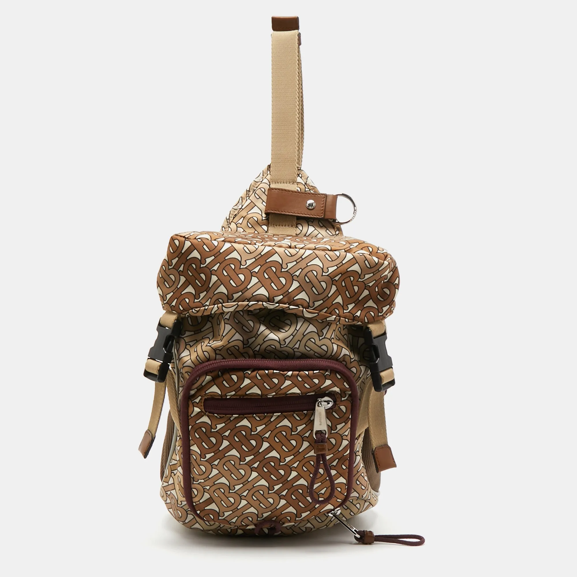 BURBERRY Brown TB Monogram Nylon and Mesh Leo Sling Bag