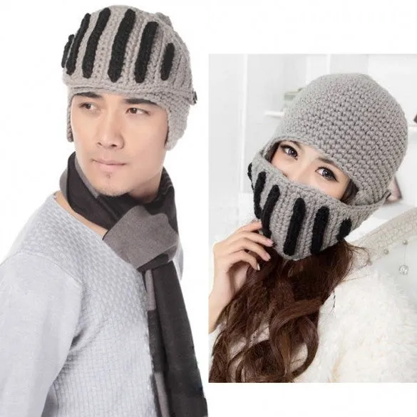 Buttons Unisex Crochet Knit Black Ski Beanie Wool Roman Knight Hat Mask Cap