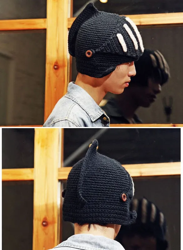 Buttons Unisex Crochet Knit Black Ski Beanie Wool Roman Knight Hat Mask Cap