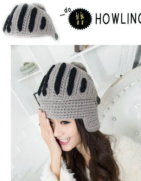 Buttons Unisex Crochet Knit Black Ski Beanie Wool Roman Knight Hat Mask Cap