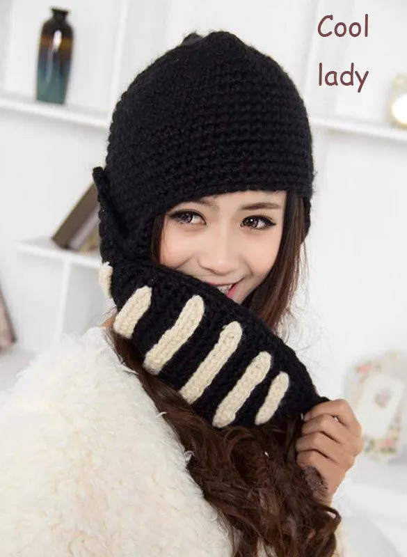 Buttons Unisex Crochet Knit Black Ski Beanie Wool Roman Knight Hat Mask Cap