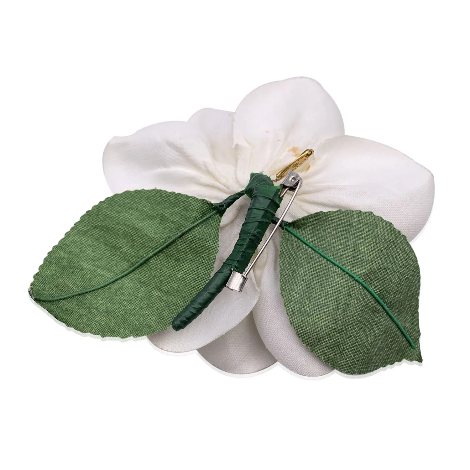 Chanel Vintage Camelia Camellia White Flower Green Leaves Brooch