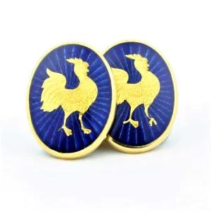 COCKEREL PAILLON BLUE ENAMEL 18ct yellow GOLD CUFFLINKS