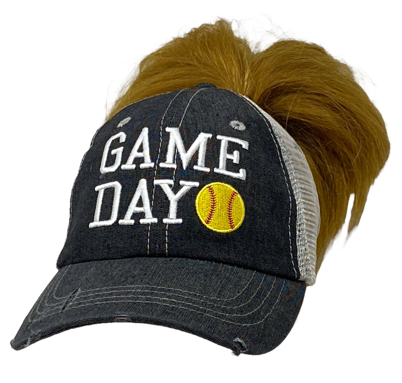 Cocomo Soul Game Day Softball Mom MESSY BUN HIGH PONYTAIL Embroidered Mesh Trucker Style Hat Cap Softball MOM Gift Mothers Day Dark Grey-243