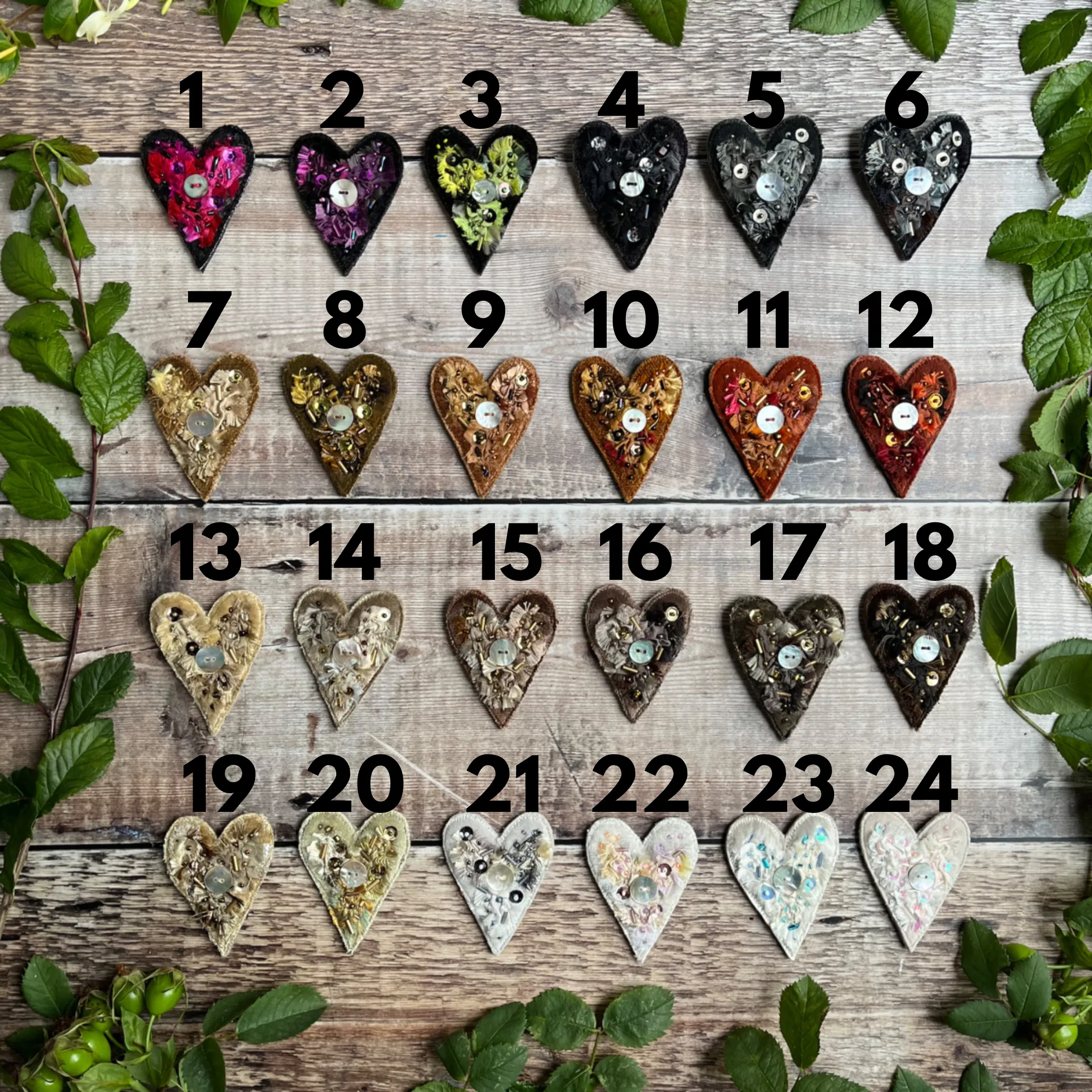 Fabric heart brooches in neutrals
