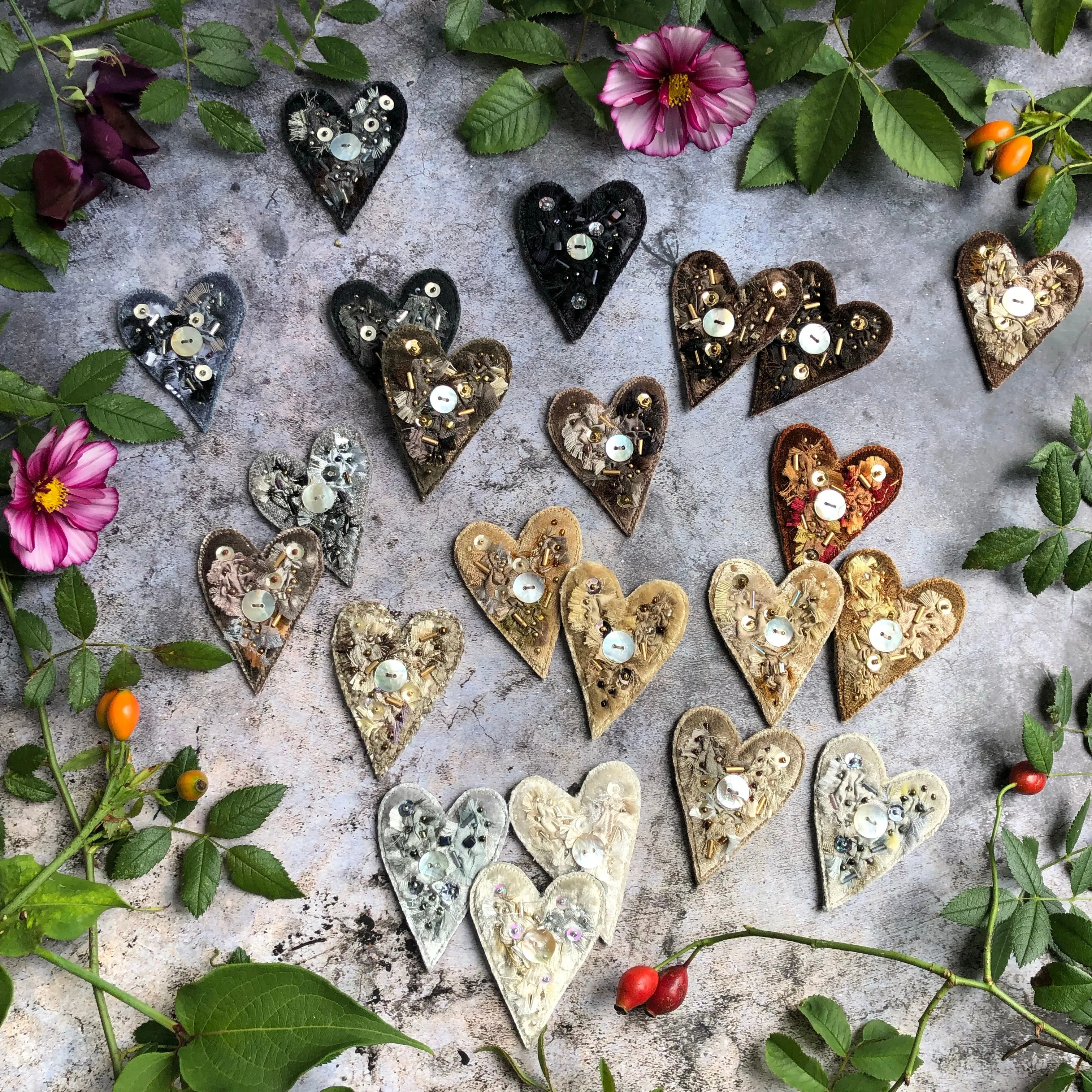Fabric heart brooches in neutrals
