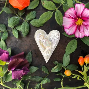 Fabric heart brooches in neutrals