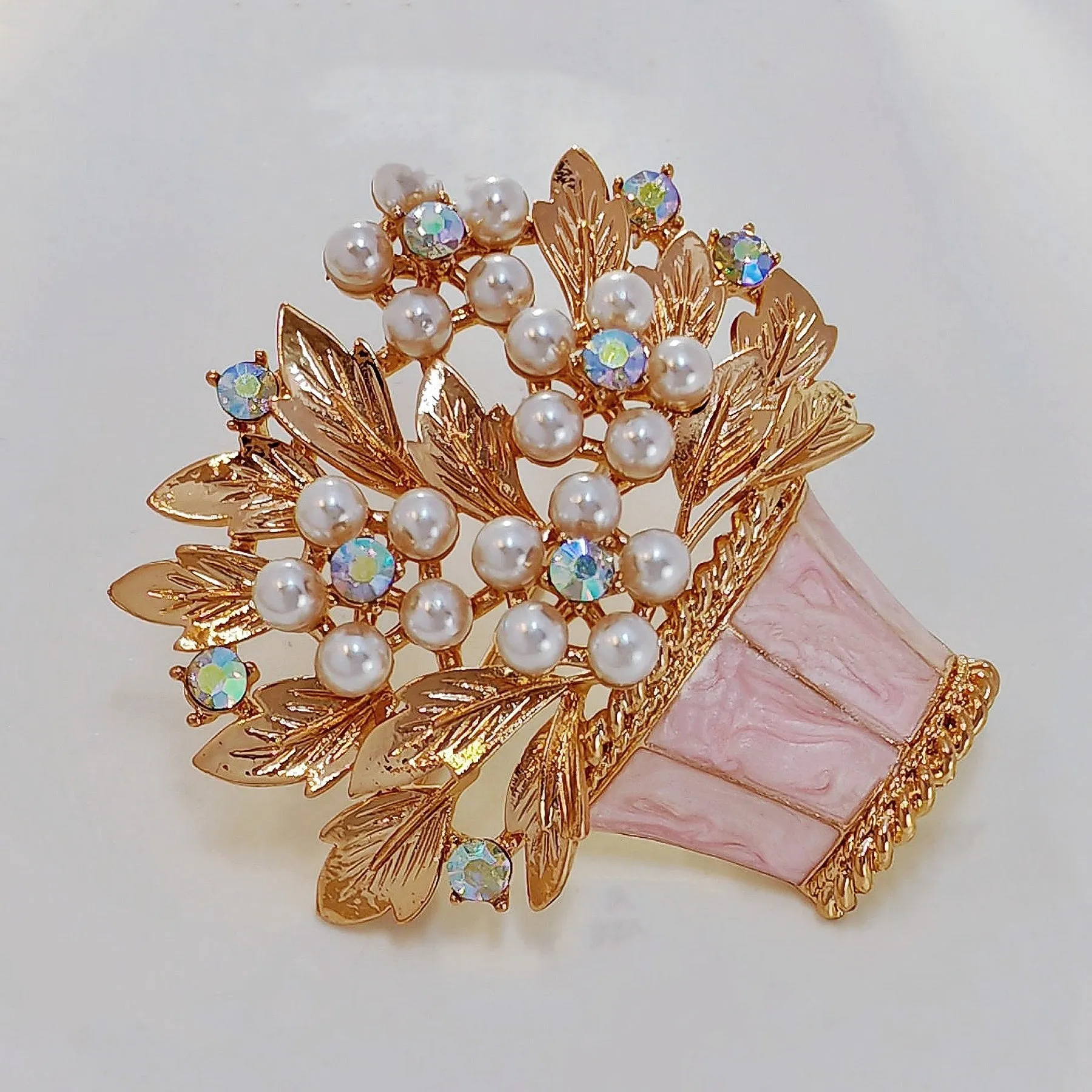 Gorgeous Pearl Floral Pink Basket Brooch Pin Mother Gift Jewelry