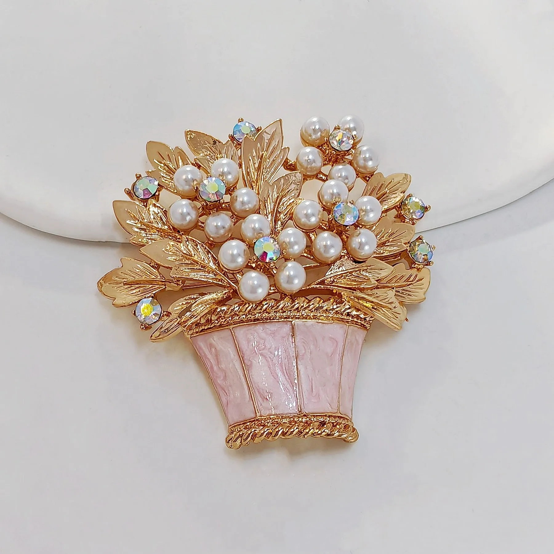 Gorgeous Pearl Floral Pink Basket Brooch Pin Mother Gift Jewelry