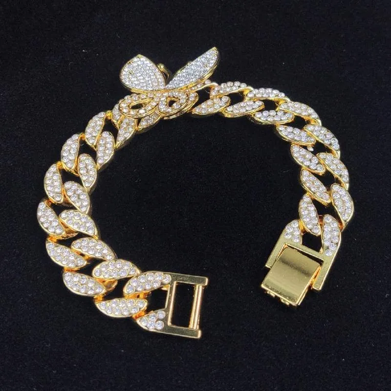 Miami Cuban Bling Iced Out Full AAA Crystal Pave Bracelet With Butterfly Link Chain Hip-Hop Bracelets