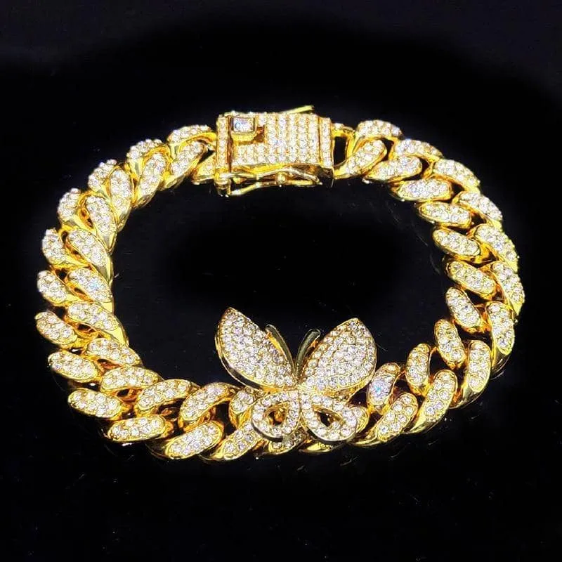 Miami Cuban Bling Iced Out Full AAA Crystal Pave Bracelet With Butterfly Link Chain Hip-Hop Bracelets