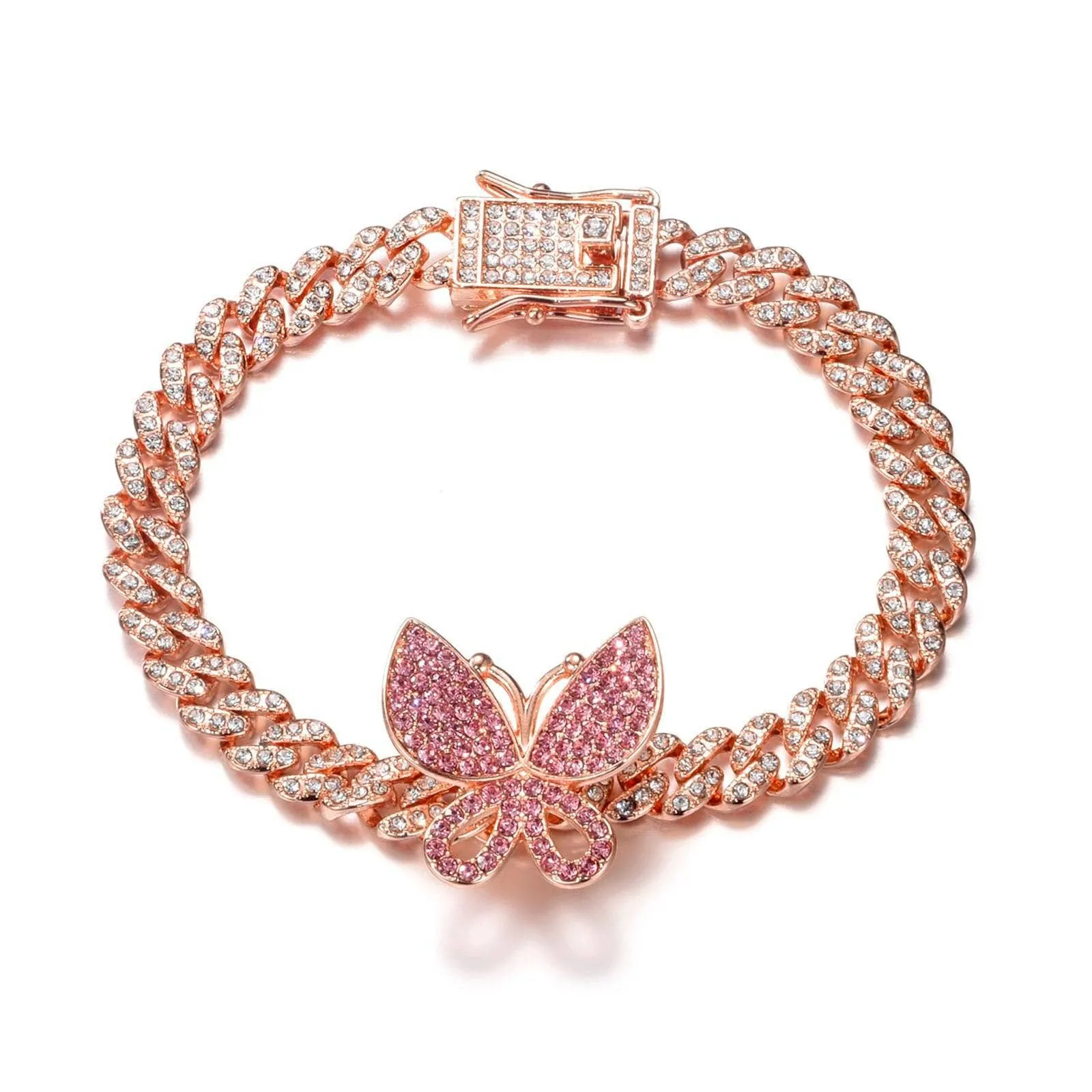 Miami Cuban Bling Iced Out Full AAA Crystal Pave Bracelet With Butterfly Link Chain Hip-Hop Bracelets