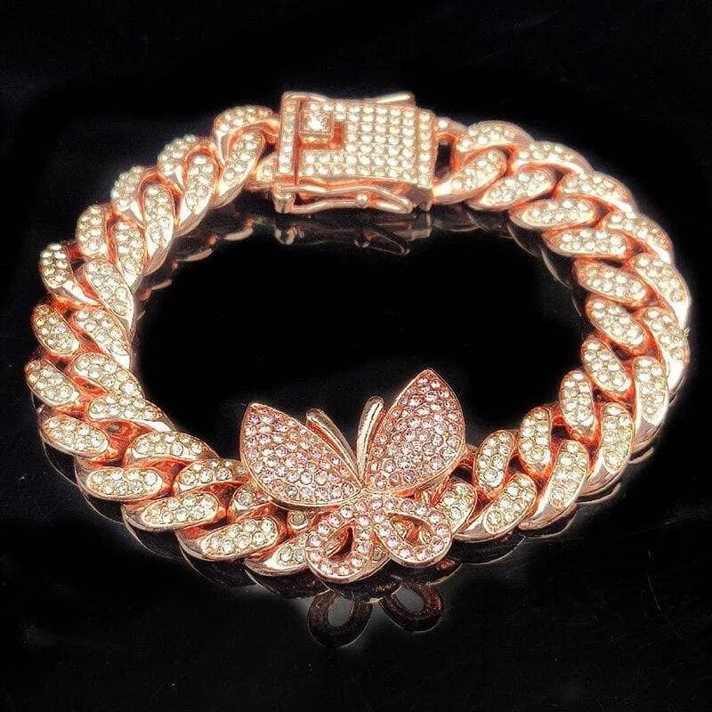 Miami Cuban Bling Iced Out Full AAA Crystal Pave Bracelet With Butterfly Link Chain Hip-Hop Bracelets