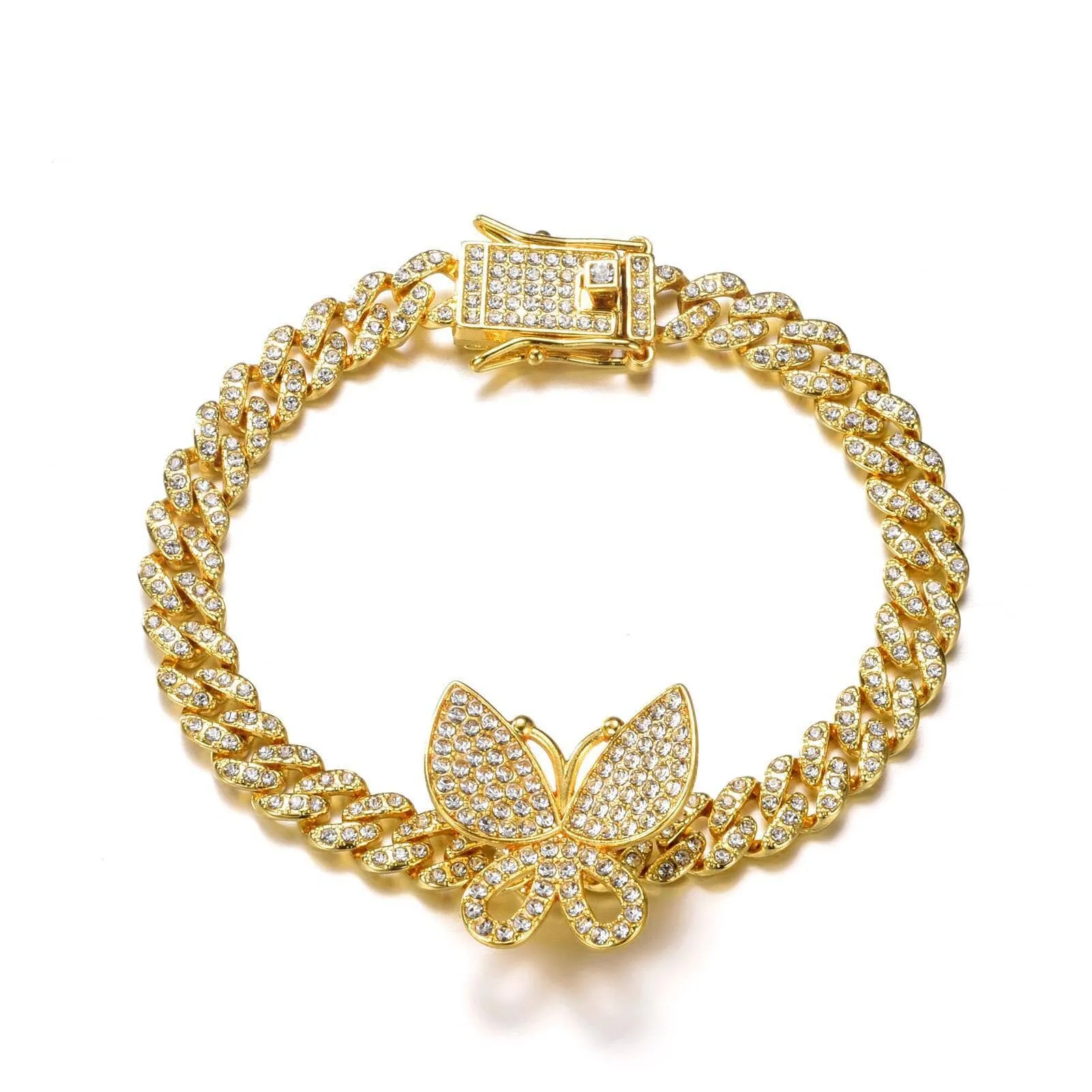 Miami Cuban Bling Iced Out Full AAA Crystal Pave Bracelet With Butterfly Link Chain Hip-Hop Bracelets