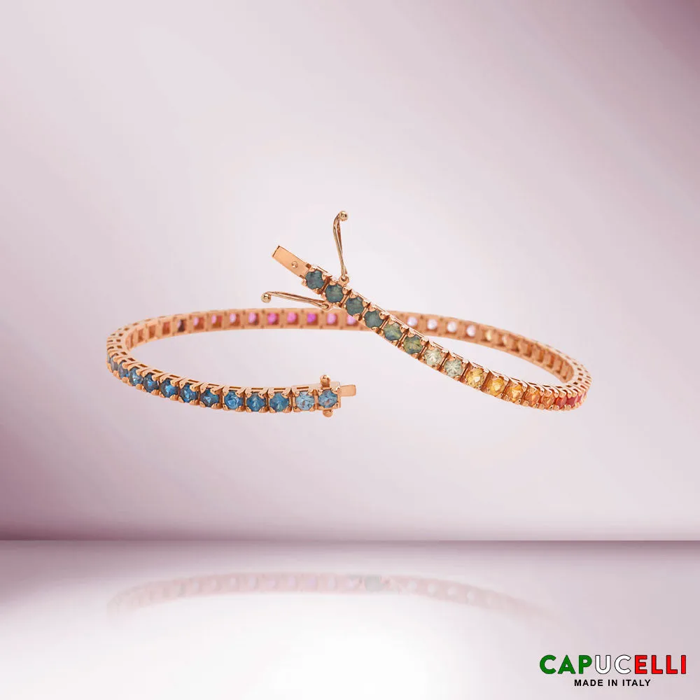 Multicolor Sapphire Tennis Bracelet (5.50 ct.) 4-Prongs Setting in 18K Gold, Made In Italy
