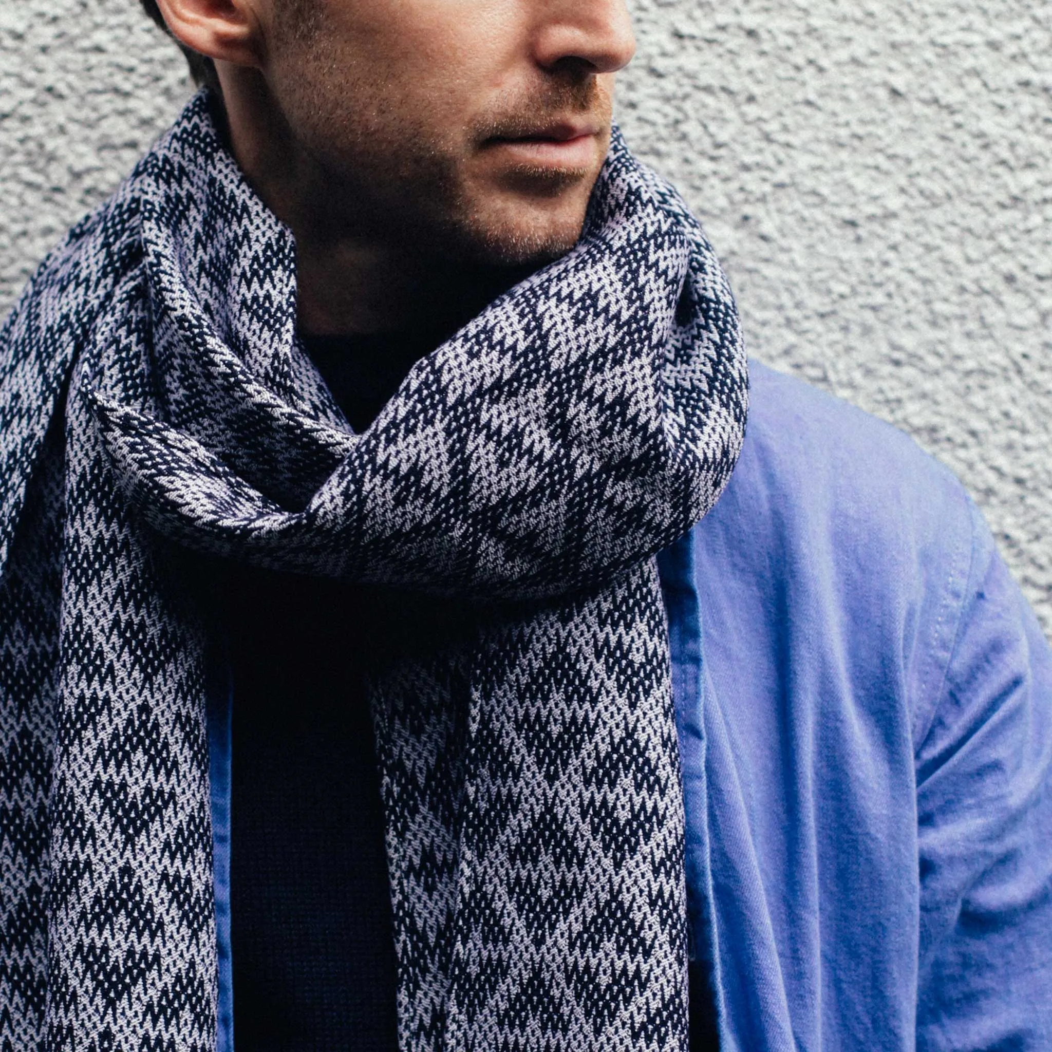 Navy Knit Texture Scarf with Fringe