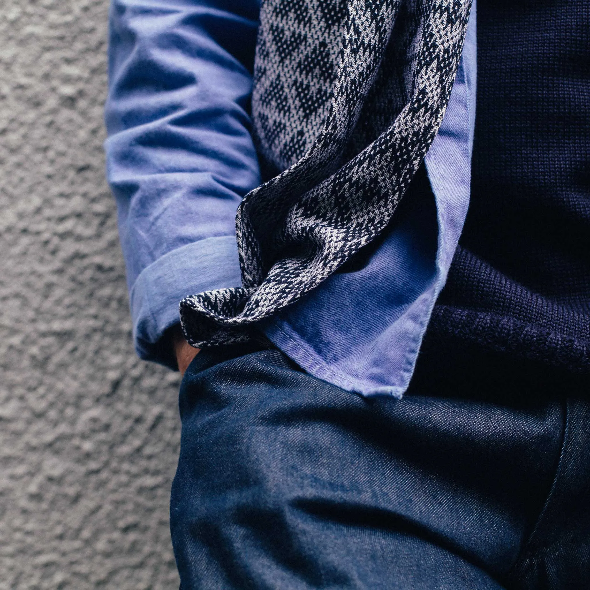Navy Knit Texture Scarf with Fringe