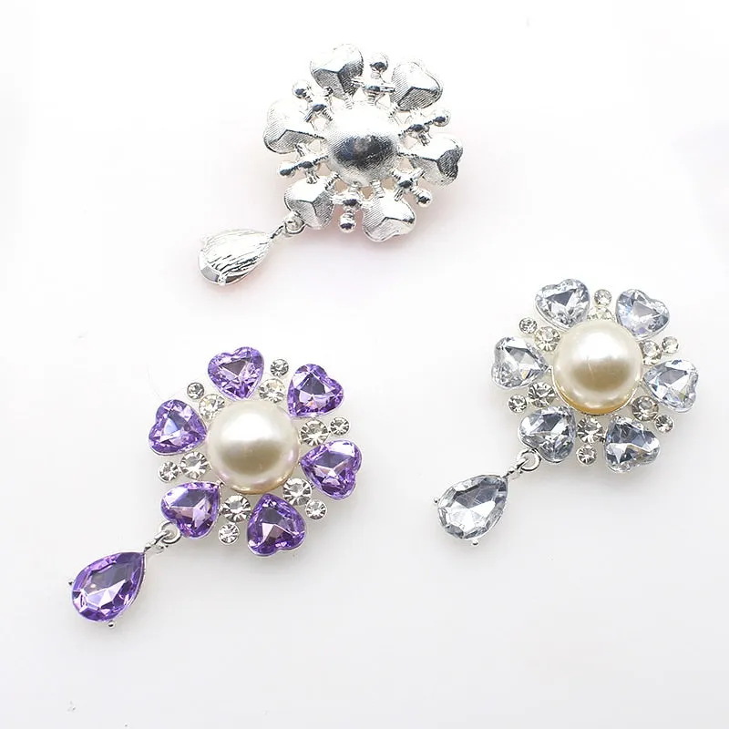 New 2Pcs/Lot 38*59MM Alloy Flat Back Brooch Pendant With Rhinestone Buttons