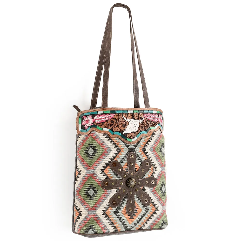 Ohlay Bags OHV166 Tote Hand Tooled Upcycled Wool Upcycled Canvas Hair-On Genuine Leather Women Bag Western Handbag Purse