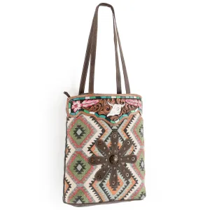 Ohlay Bags OHV166 Tote Hand Tooled Upcycled Wool Upcycled Canvas Hair-On Genuine Leather Women Bag Western Handbag Purse
