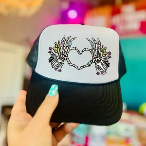 Online Exclusive | Skeleton Heart Hands Trucker Cap in Black and White