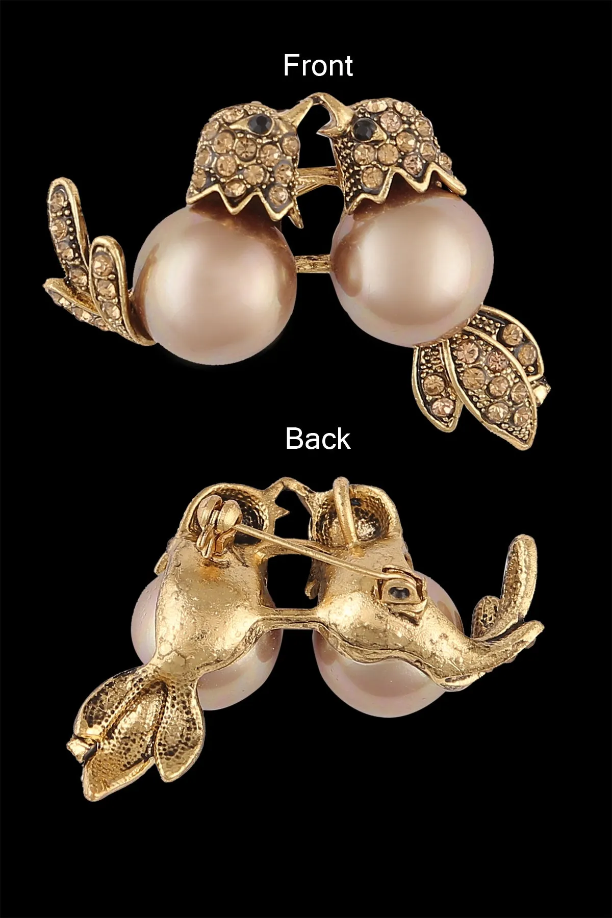 Romantic Love Birds In Antique Gold Tone with Pearl & Diamond Metal Brooch