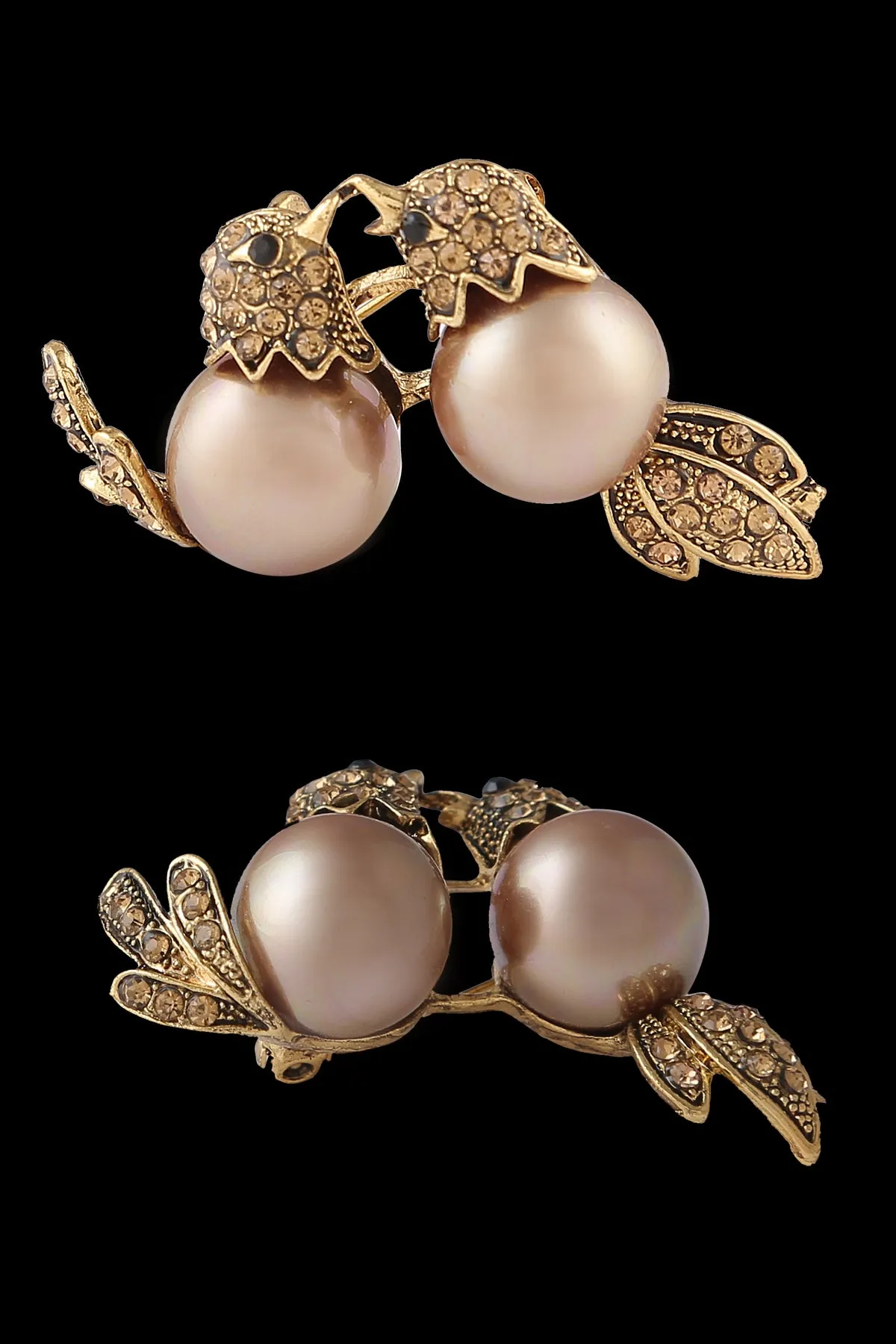 Romantic Love Birds In Antique Gold Tone with Pearl & Diamond Metal Brooch