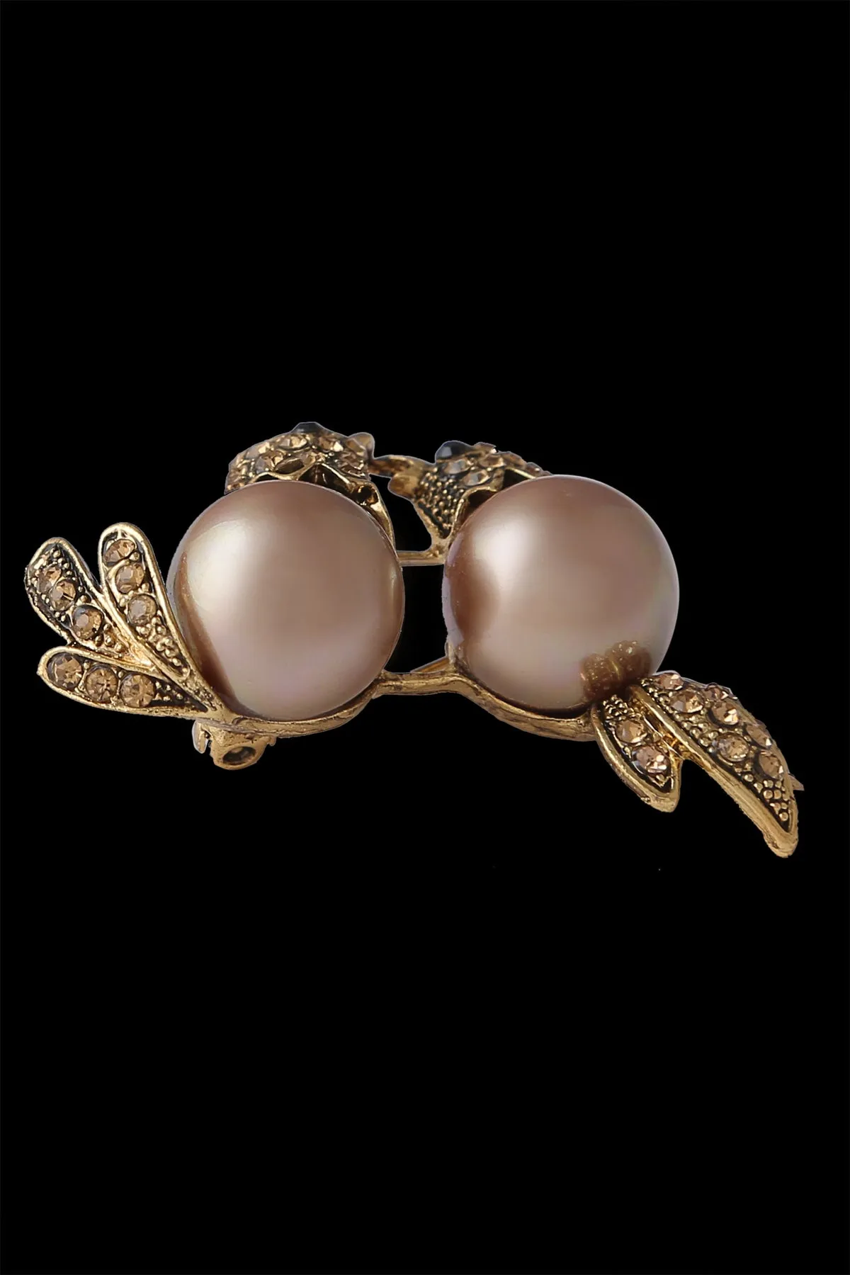 Romantic Love Birds In Antique Gold Tone with Pearl & Diamond Metal Brooch
