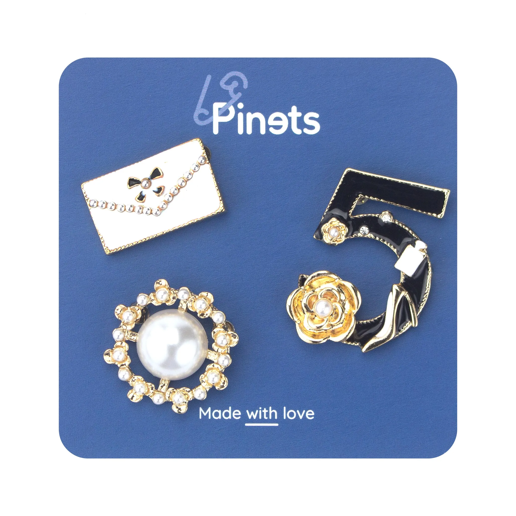 SET of 3 Brooches - Five with Flower, Pearl and Handbag