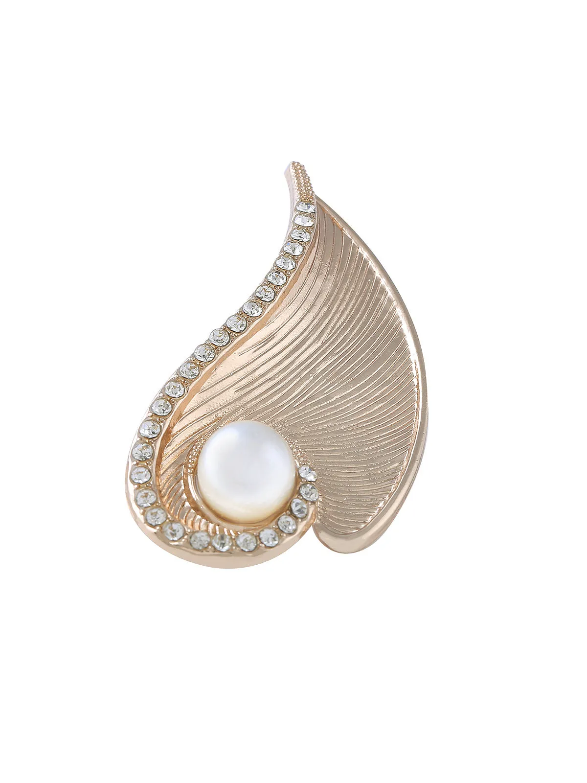 Shiny Gold Diamond Leaf with Pearl Brooch Pin