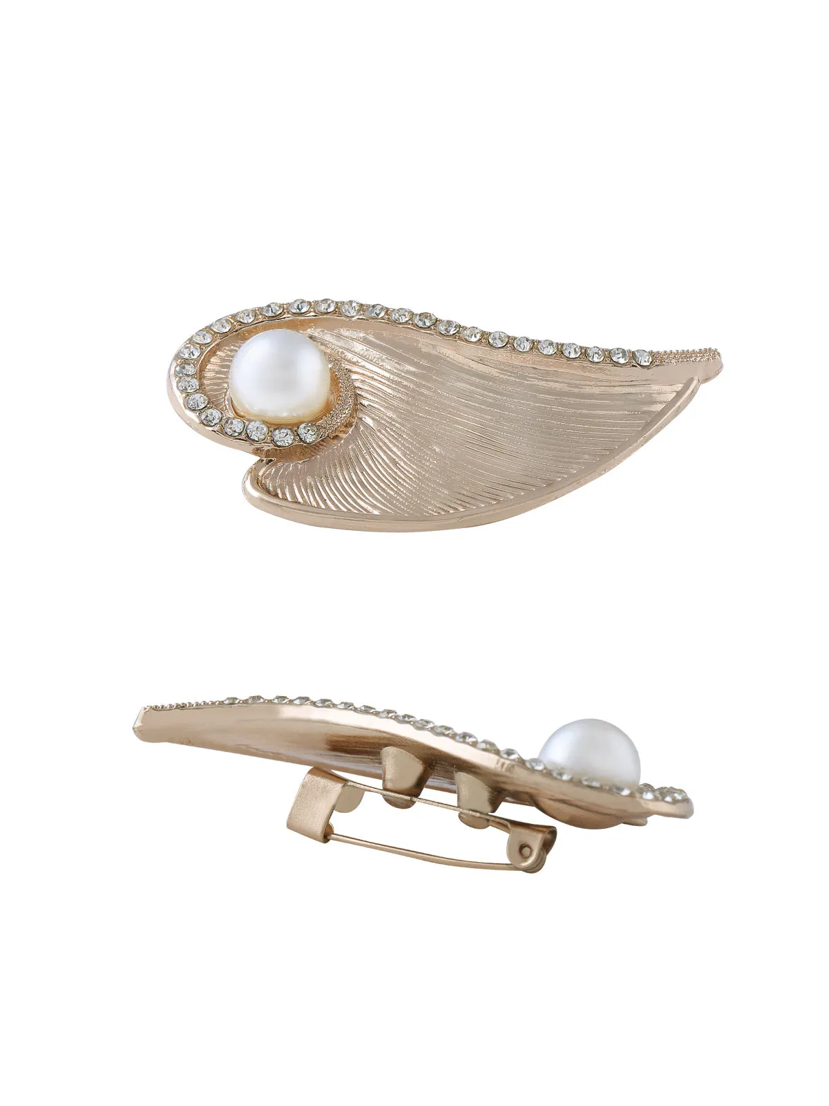 Shiny Gold Diamond Leaf with Pearl Brooch Pin