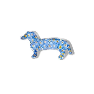 Silver Dachshund Brooch handmade with real forget-me-nots