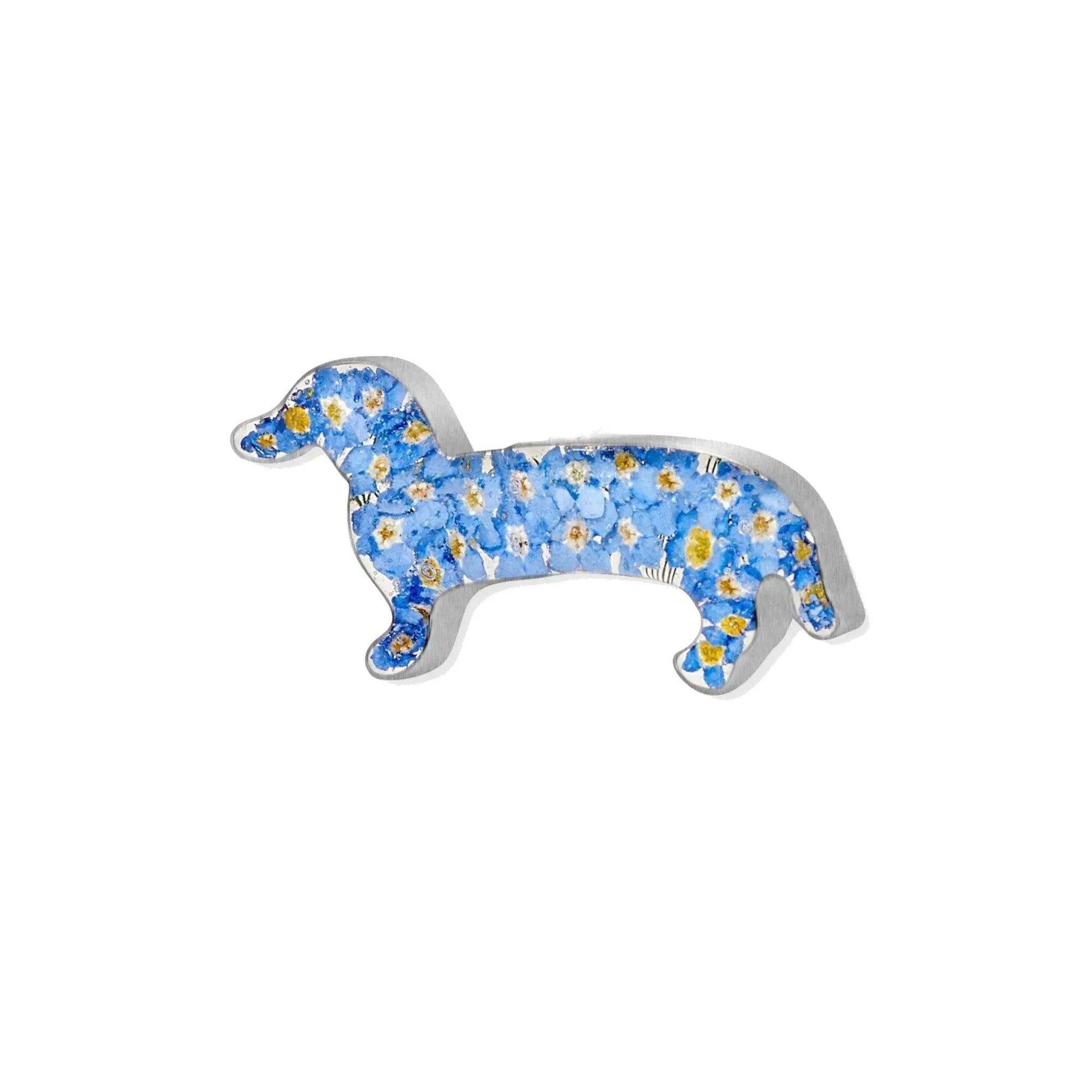 Silver Dachshund Brooch handmade with real forget-me-nots